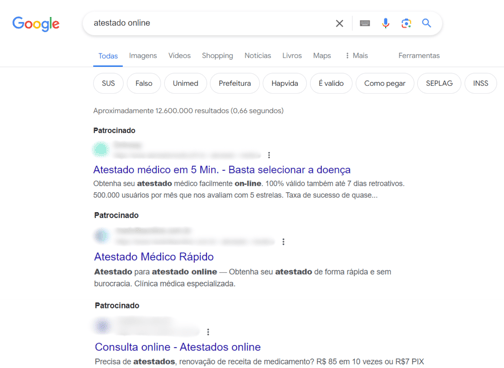 Ao buscar "atestado online" no google, é possível ver cerca de três resultados patrocinados anunciando a venda rápida de atestados